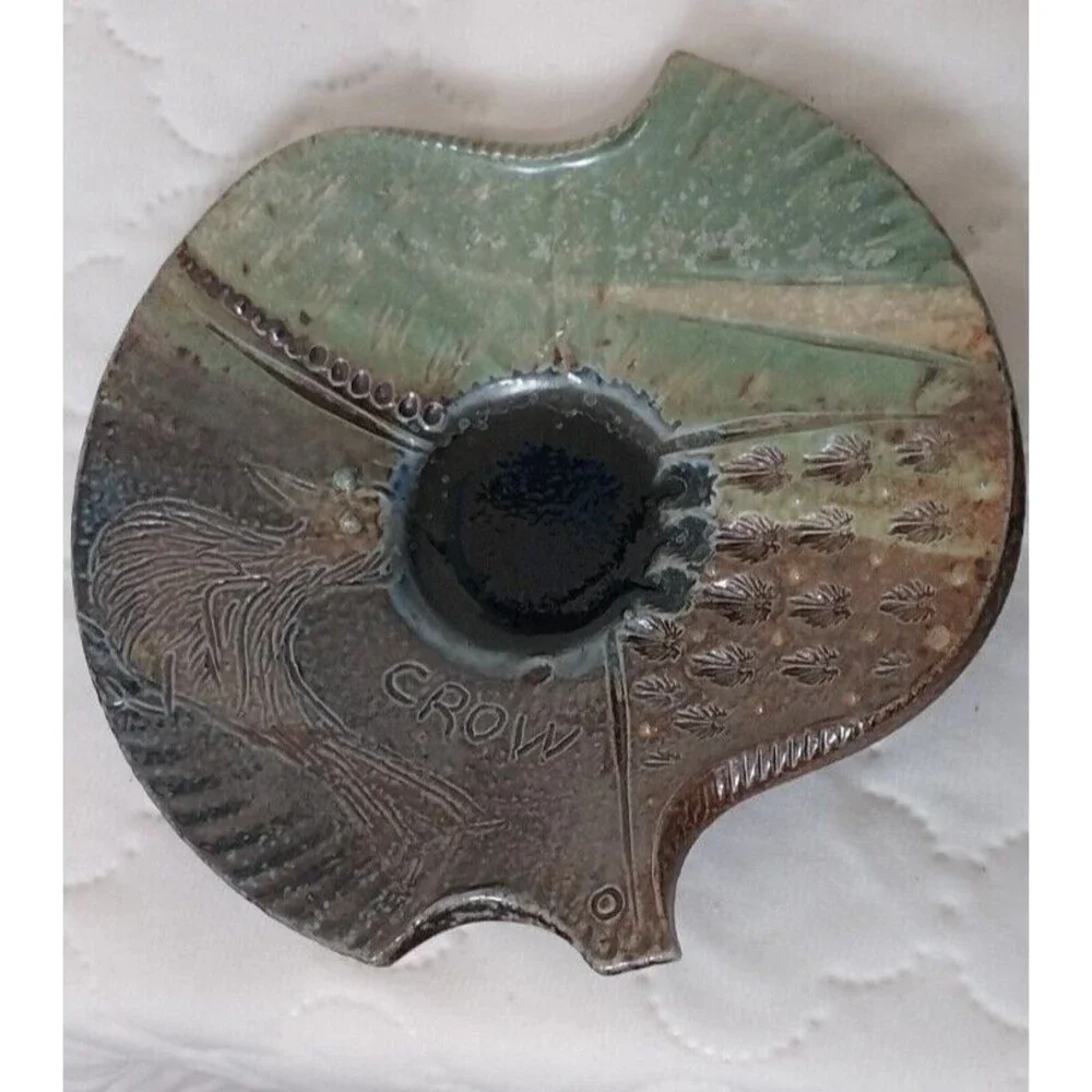 Vintage Studio Pottery Signed Yoltim Crow Hand Painted Wall Hanging Plate